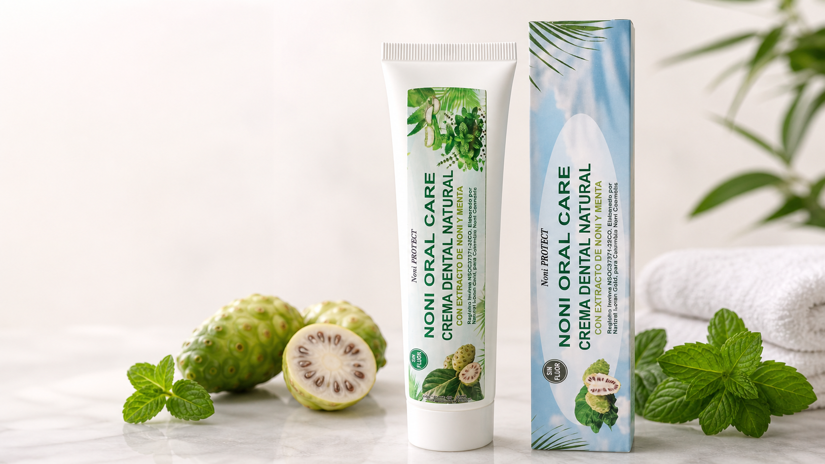Caja y tubo de NONI ORAL CARE con extracto de noni